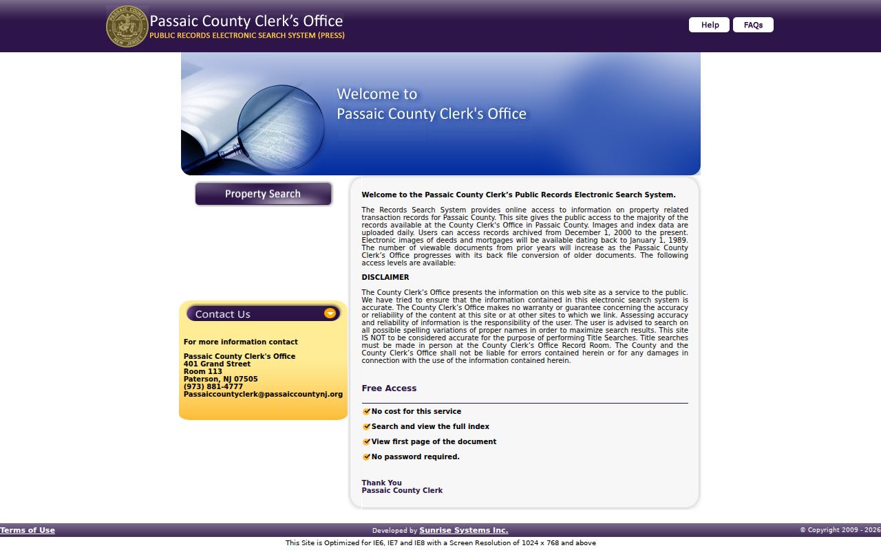 Passaic County street directory PRESS property-record search landing page