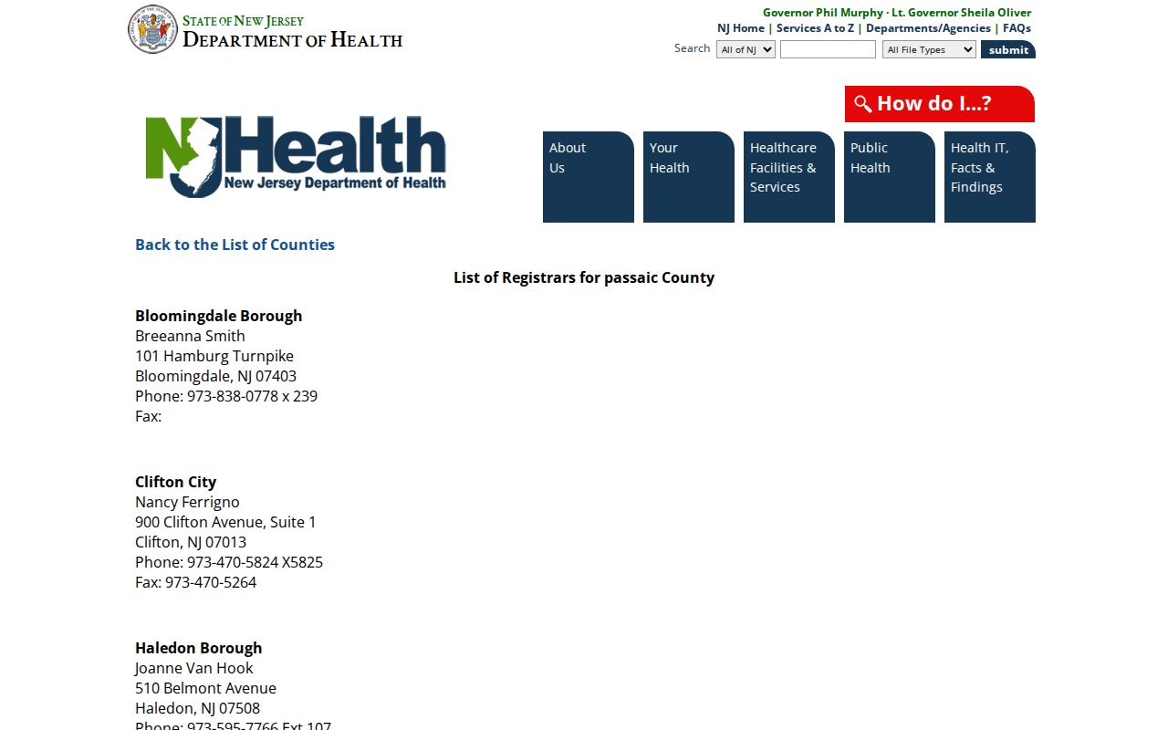 Passaic County ZIP code directory local vital registrar list